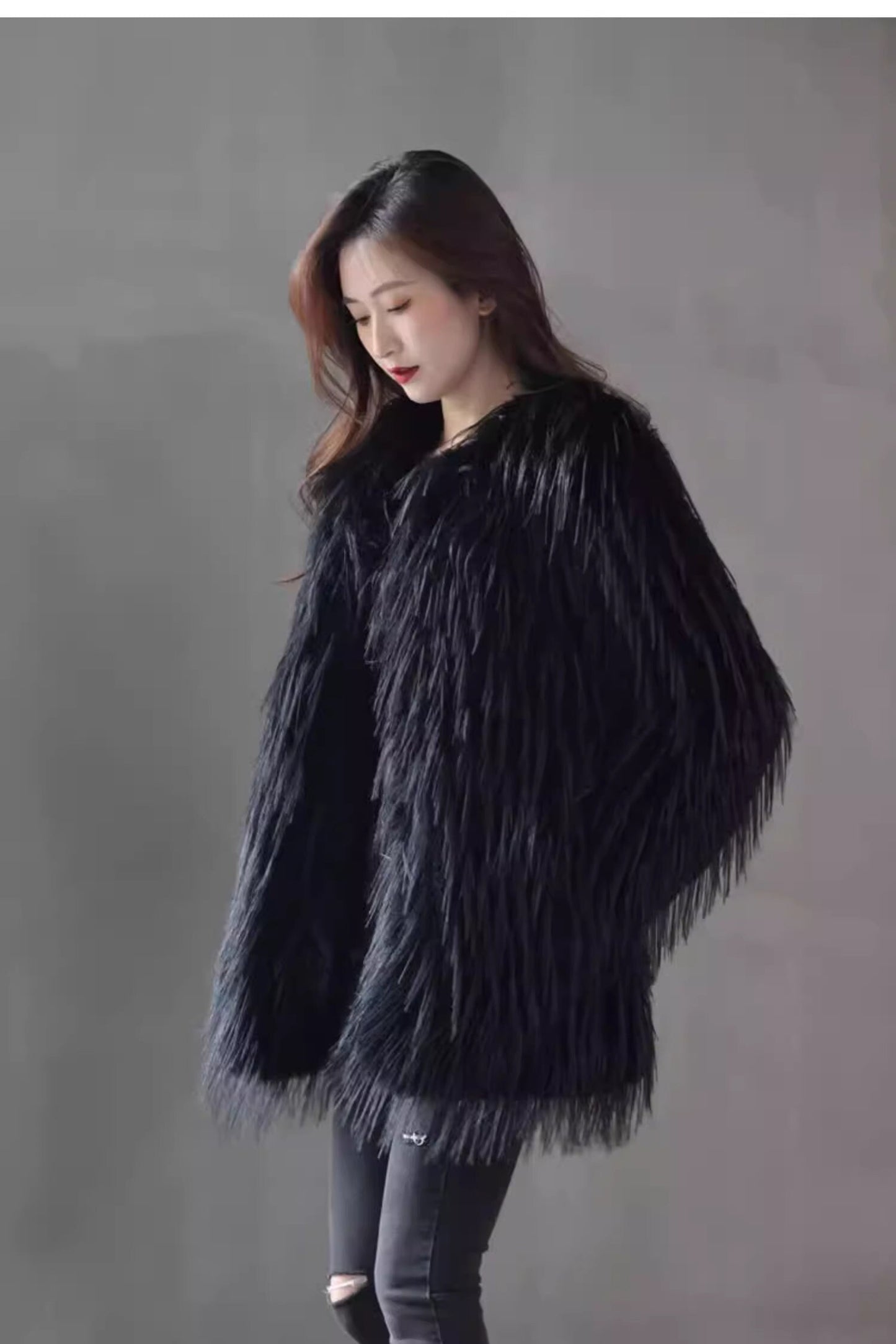 Fluffy furry faux fur jacket coat solid colored rave punk goth cozy plur top party clubwear unique designer winter jacket