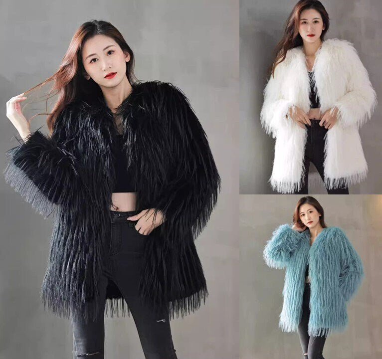 Fluffy furry faux fur jacket coat solid colored rave punk goth cozy plur top party clubwear unique designer winter jacket