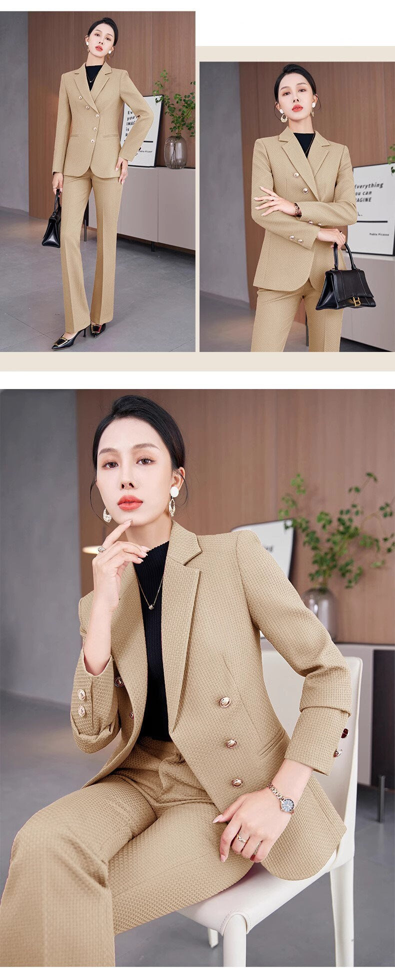 Coffee brown/ khaki/ black pantsuit in various colors, designer women blazer + pants solid color formal suit set formal office wedding