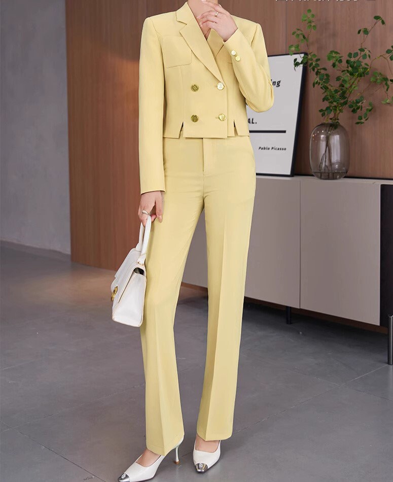 Yellow/ White/ Black Trendy Pantsuit, Designer Women sleeved short Suit Jacket + Pants, Smart Causal/ Formal/ Party Event/ Prom Wedding