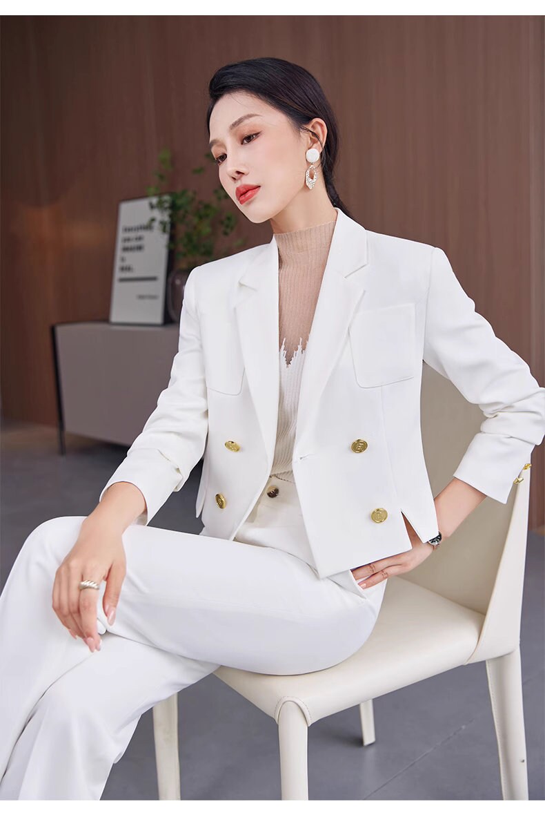 Yellow/ White/ Black Trendy Pantsuit, Designer Women sleeved short Suit Jacket + Pants, Smart Causal/ Formal/ Party Event/ Prom Wedding