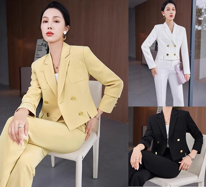 Yellow/ White/ Black Trendy Pantsuit, Designer Women sleeved short Suit Jacket + Pants, Smart Causal/ Formal/ Party Event/ Prom Wedding