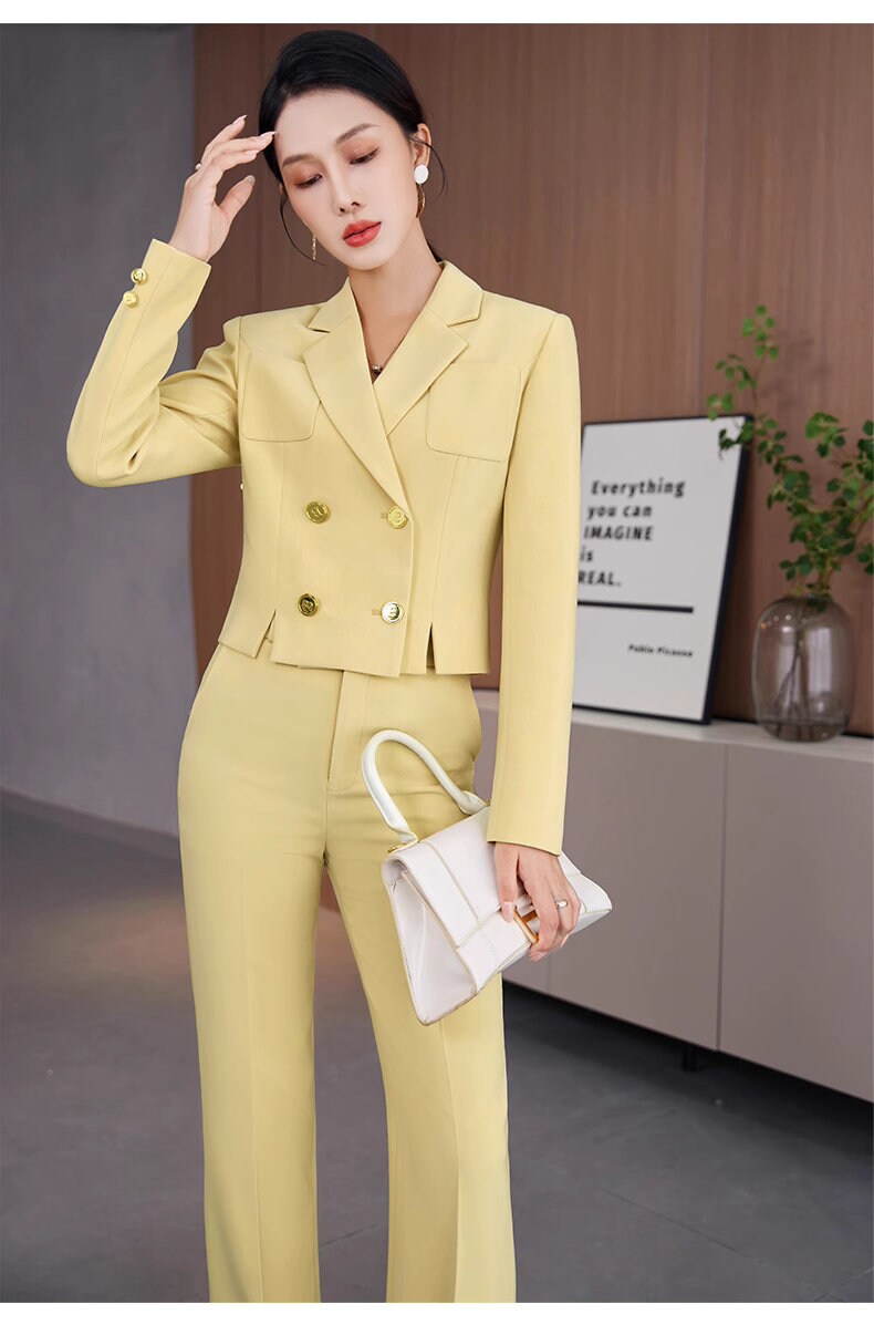 Yellow/ White/ Black Trendy Pantsuit, Designer Women sleeved short Suit Jacket + Pants, Smart Causal/ Formal/ Party Event/ Prom Wedding