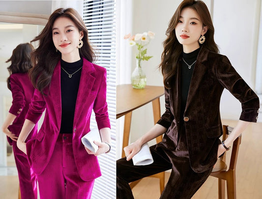 Trendy velvet Pantsuit, Designer Women sleeved winter falls Suit Jacket + slight boot legs Pants, Smart Causal/ Formal/ Party/ Prom Wedding