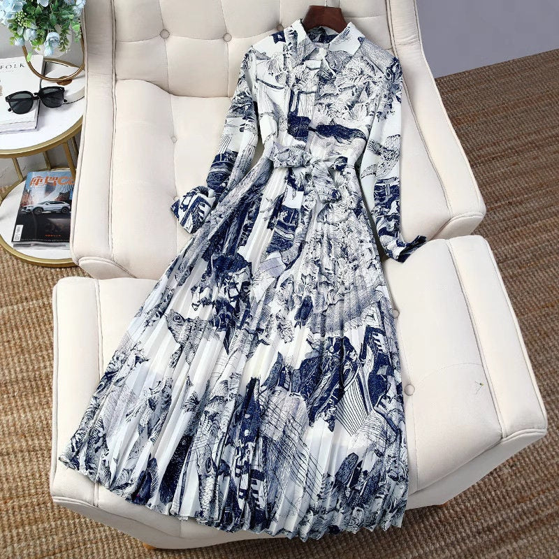 Designer classic art pattern dress long sleeves, women one-piece dress with graphics pattern, dress for formal or casual