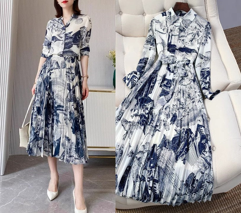 Designer classic art pattern dress long sleeves, women one-piece dress with graphics pattern, dress for formal or casual