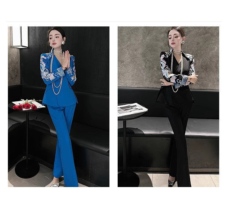 Oriental embroidery cranes slimcut pantsuit, designer woman embroidery sleeves blazer + pants, suit set Party Event/ Prom Wedding/ Office