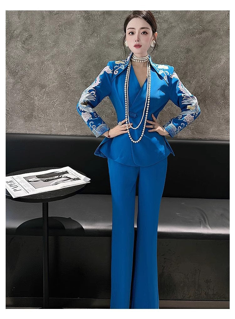 Oriental embroidery cranes slimcut pantsuit, designer woman embroidery sleeves blazer + pants, suit set Party Event/ Prom Wedding/ Office