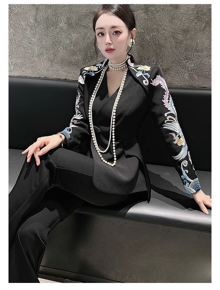 Oriental embroidery cranes slimcut pantsuit, designer woman embroidery sleeves blazer + pants, suit set Party Event/ Prom Wedding/ Office