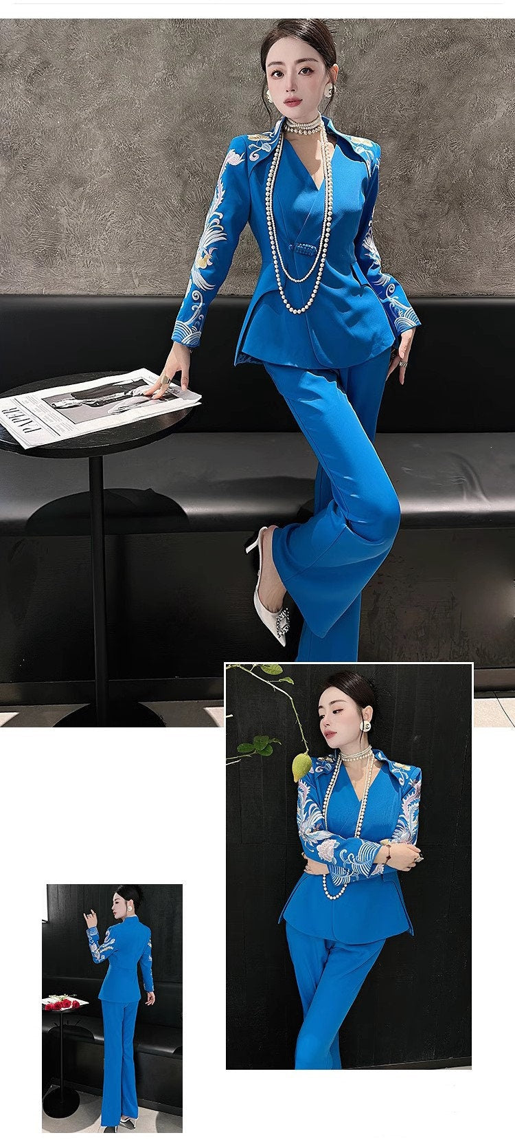 Oriental embroidery cranes slimcut pantsuit, designer woman embroidery sleeves blazer + pants, suit set Party Event/ Prom Wedding/ Office