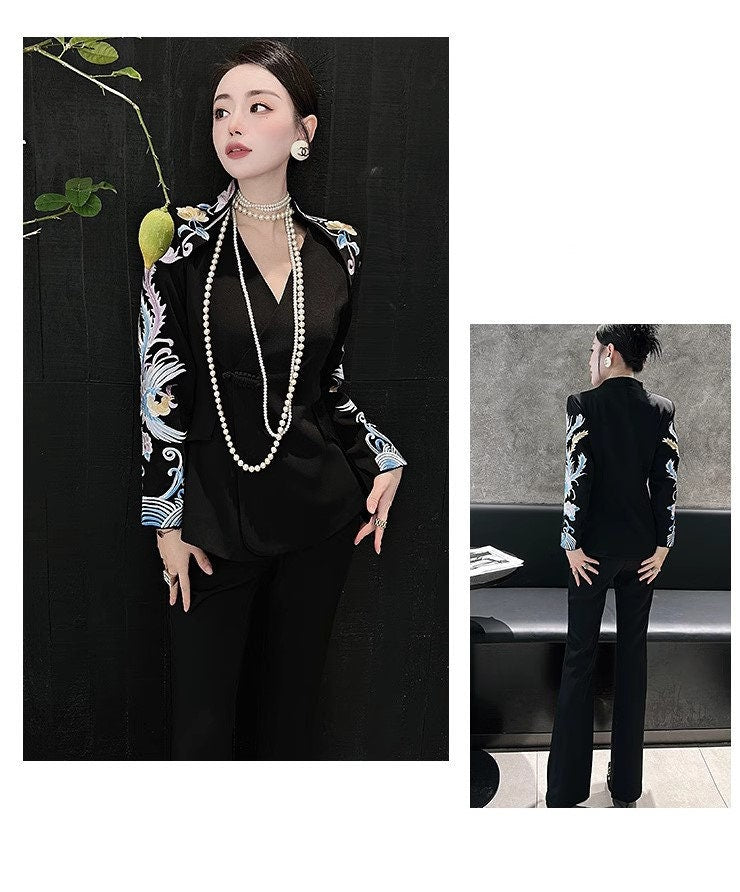 Oriental embroidery cranes slimcut pantsuit, designer woman embroidery sleeves blazer + pants, suit set Party Event/ Prom Wedding/ Office