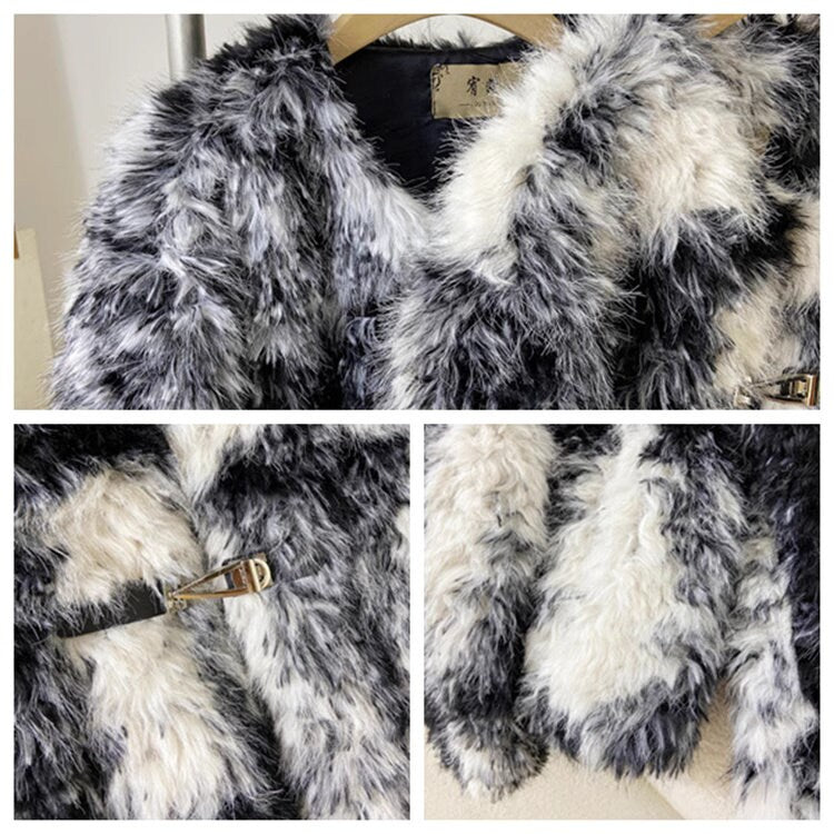 Fluffy furry faux fur jacket coat black and white tie dye rave punk goth cozy plur top party clubwear unique designer winter jacket