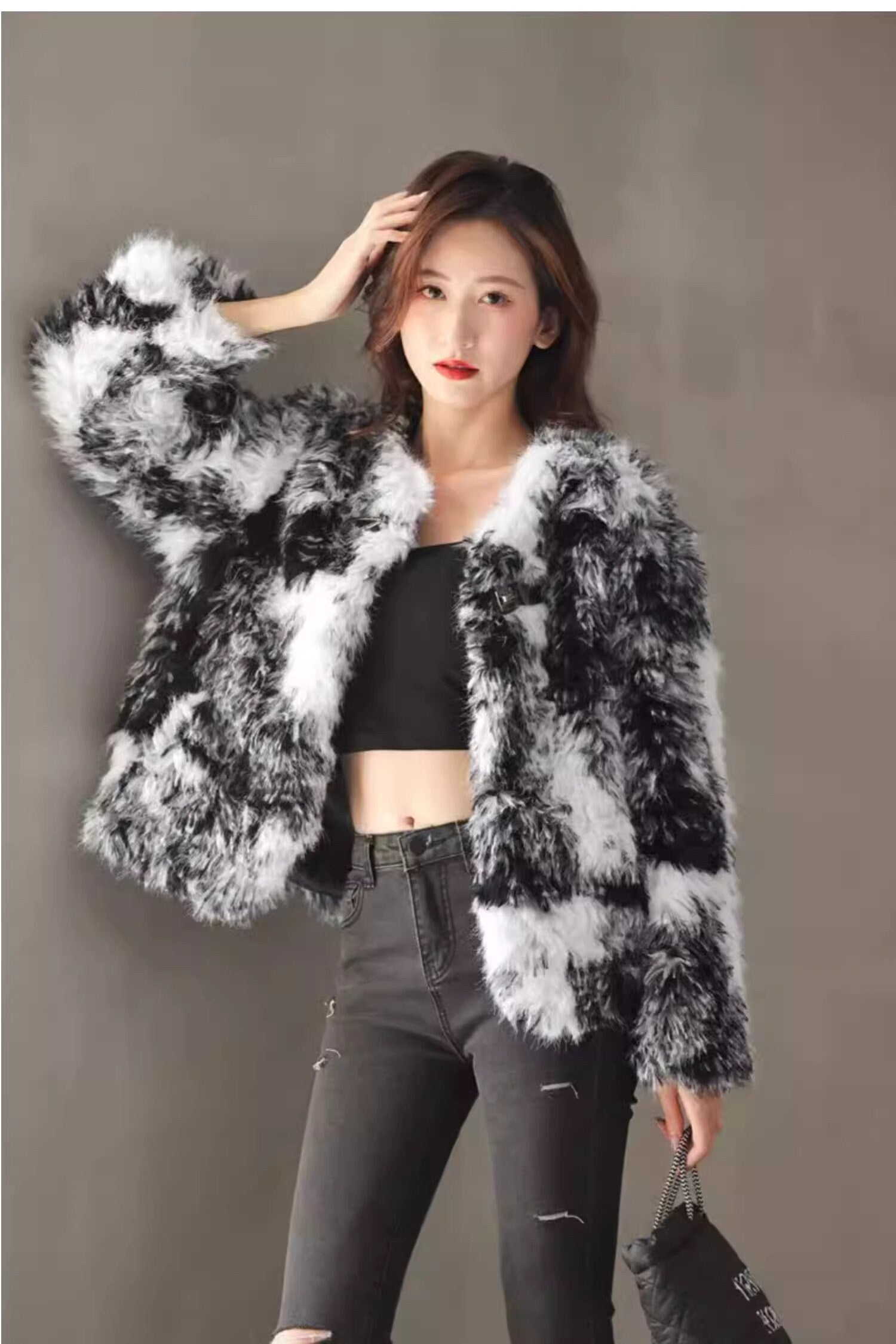 Fluffy furry faux fur jacket coat black and white tie dye rave punk goth cozy plur top party clubwear unique designer winter jacket