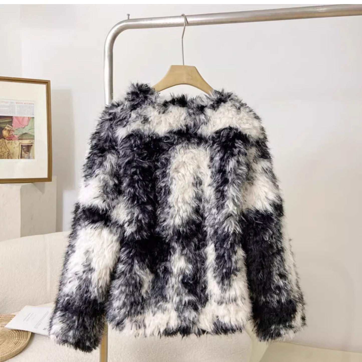 Fluffy furry faux fur jacket coat black and white tie dye rave punk goth cozy plur top party clubwear unique designer winter jacket