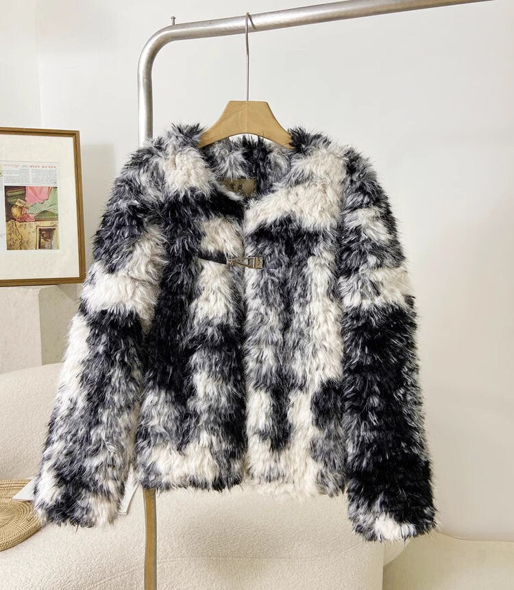 Fluffy furry faux fur jacket coat black and white tie dye rave punk goth cozy plur top party clubwear unique designer winter jacket