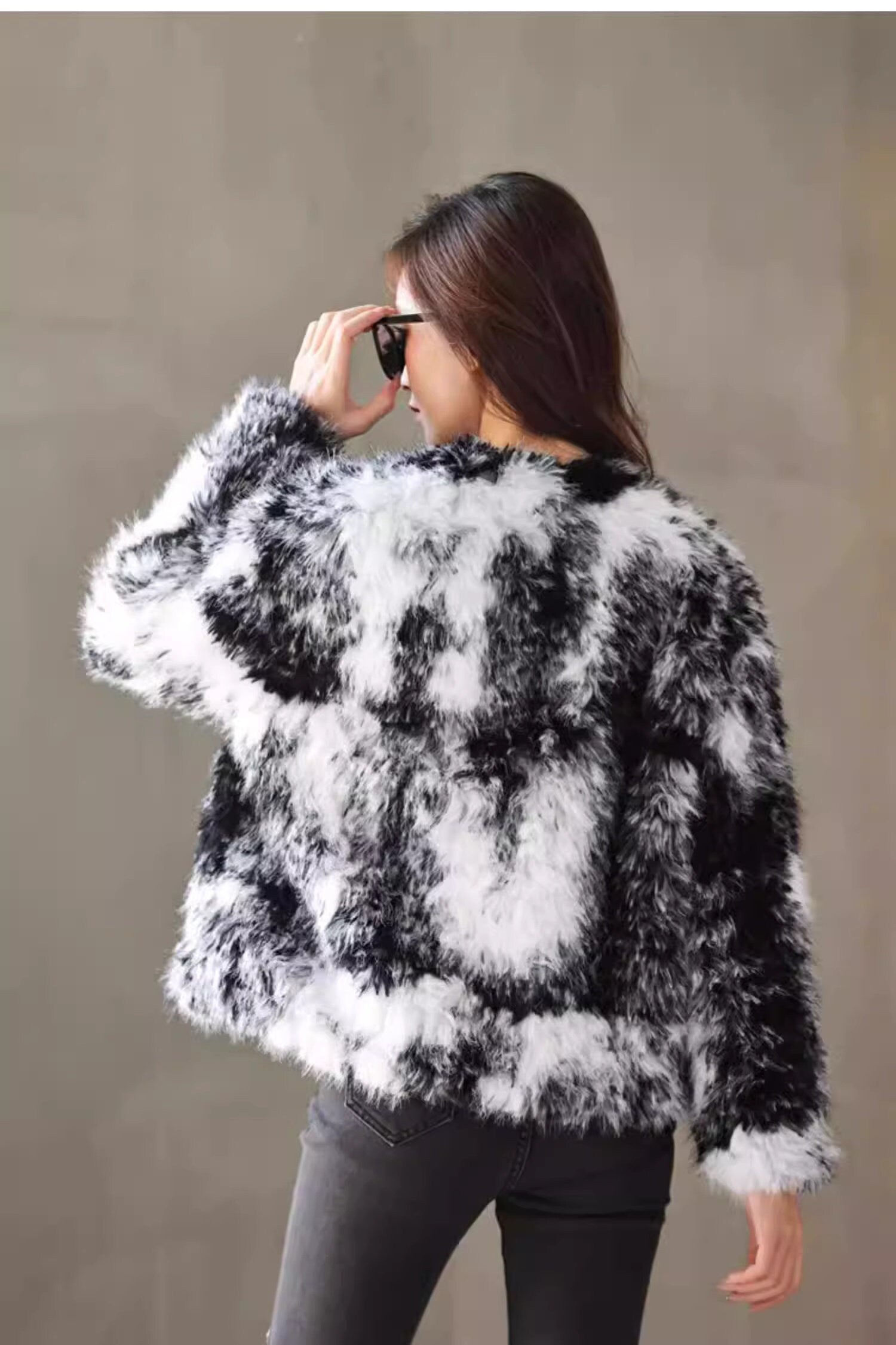 Fluffy furry faux fur jacket coat black and white tie dye rave punk goth cozy plur top party clubwear unique designer winter jacket