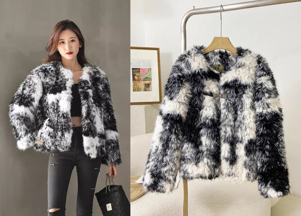 Fluffy furry faux fur jacket coat black and white tie dye rave punk goth cozy plur top party clubwear unique designer winter jacket