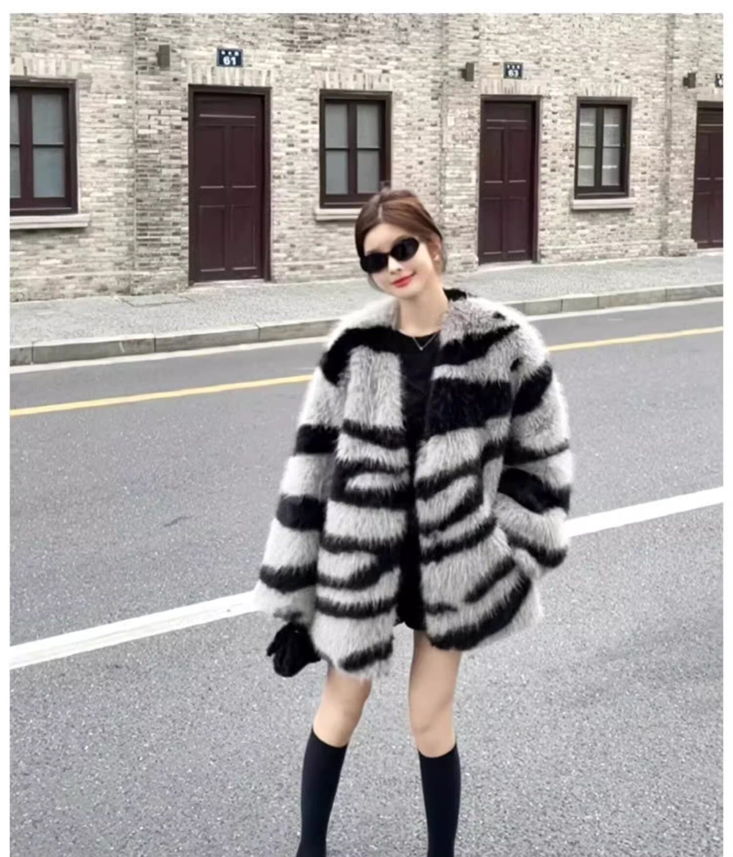 Fluffy furry faux fur jacket coat zebra pattern rave punk goth cozy plur top party clubwear unique designer winter jacket