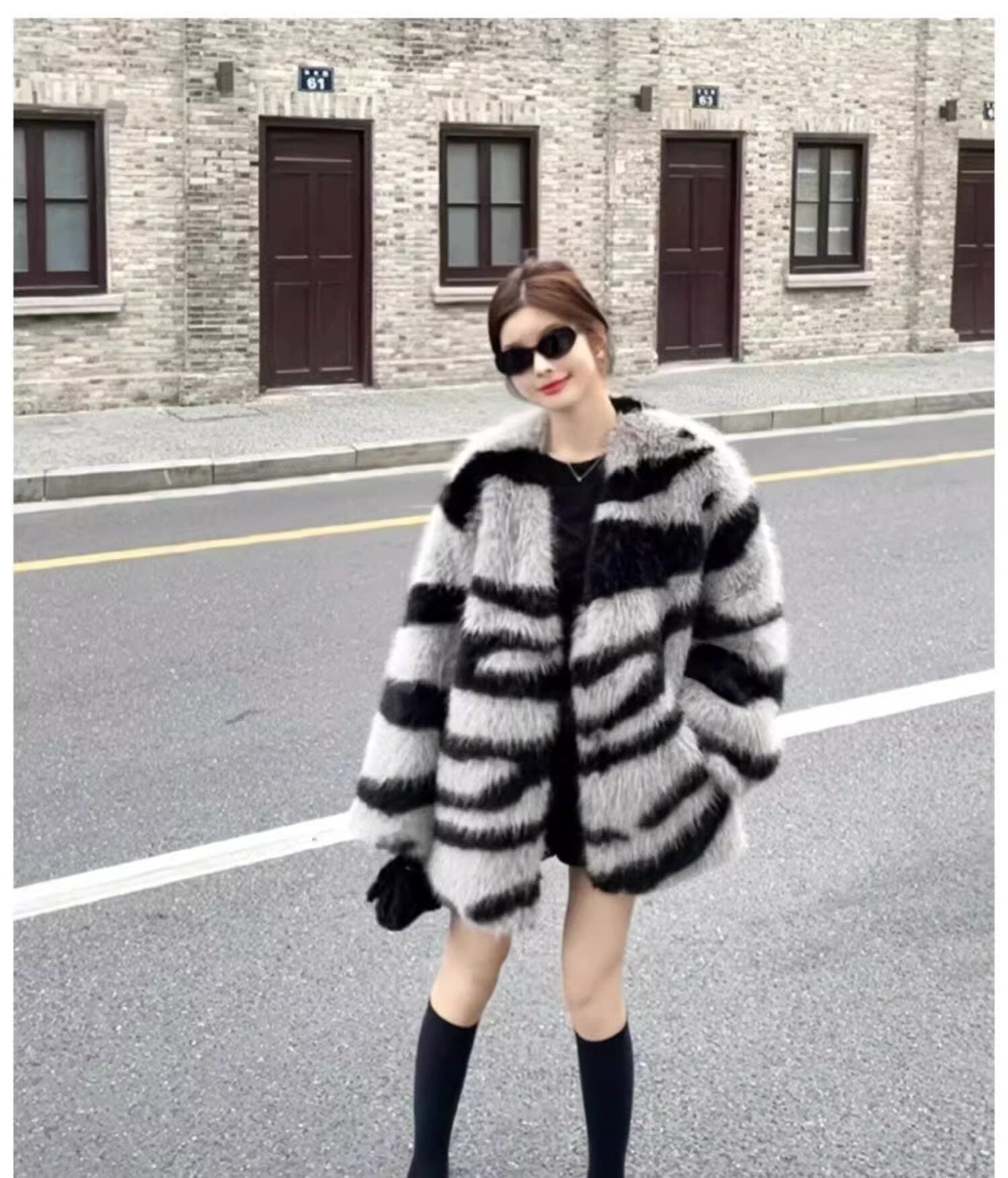 Fluffy furry faux fur jacket coat zebra pattern rave punk goth cozy plur top party clubwear unique designer winter jacket