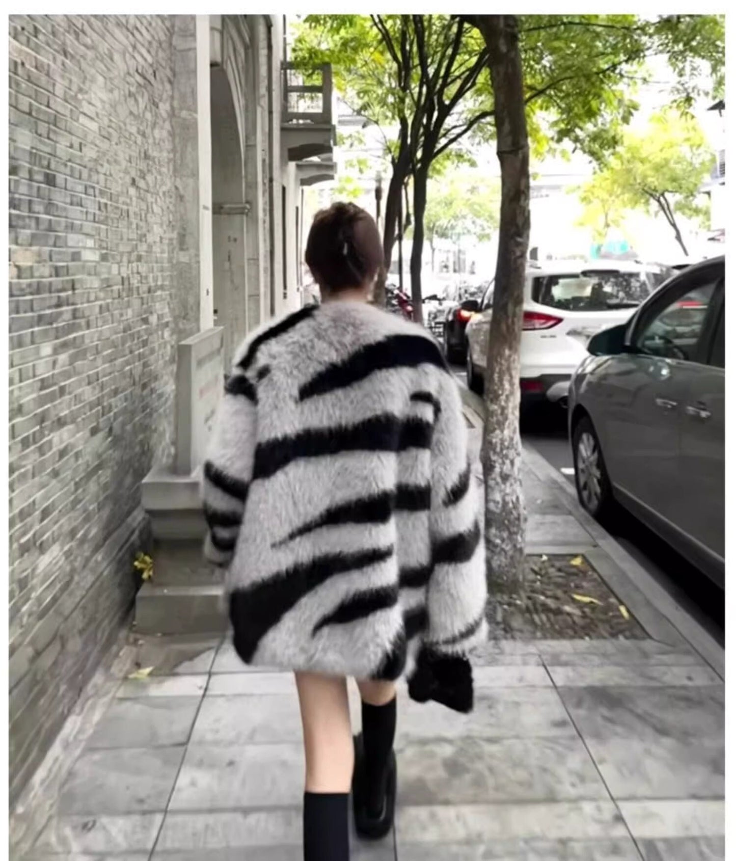 Fluffy furry faux fur jacket coat zebra pattern rave punk goth cozy plur top party clubwear unique designer winter jacket