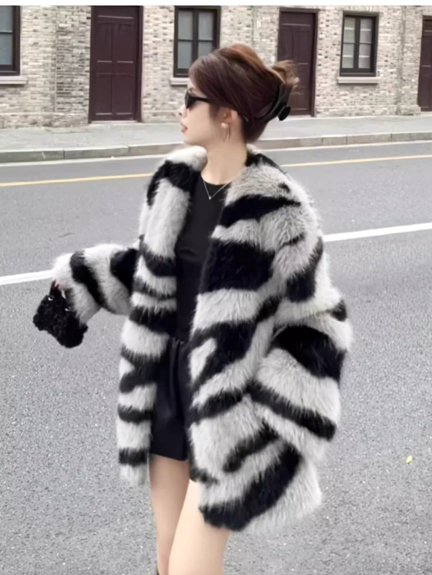 Fluffy furry faux fur jacket coat zebra pattern rave punk goth cozy plur top party clubwear unique designer winter jacket