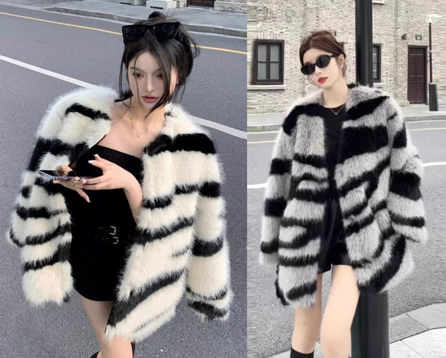 Fluffy furry faux fur jacket coat zebra pattern rave punk goth cozy plur top party clubwear unique designer winter jacket