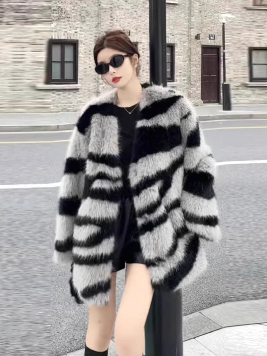 Fluffy furry faux fur jacket coat zebra pattern rave punk goth cozy plur top party clubwear unique designer winter jacket