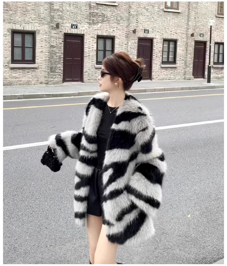 Fluffy furry faux fur jacket coat zebra pattern rave punk goth cozy plur top party clubwear unique designer winter jacket