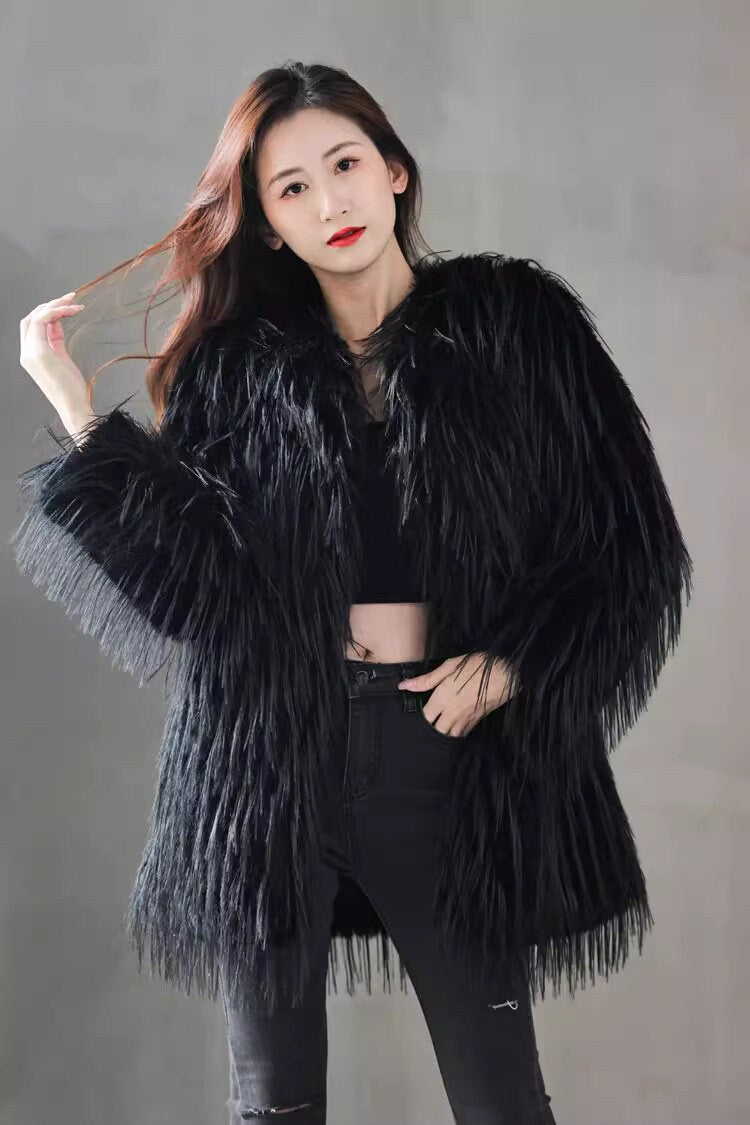 Fluffy furry faux fur jacket coat solid colored rave punk goth cozy plur top party clubwear unique designer winter jacket