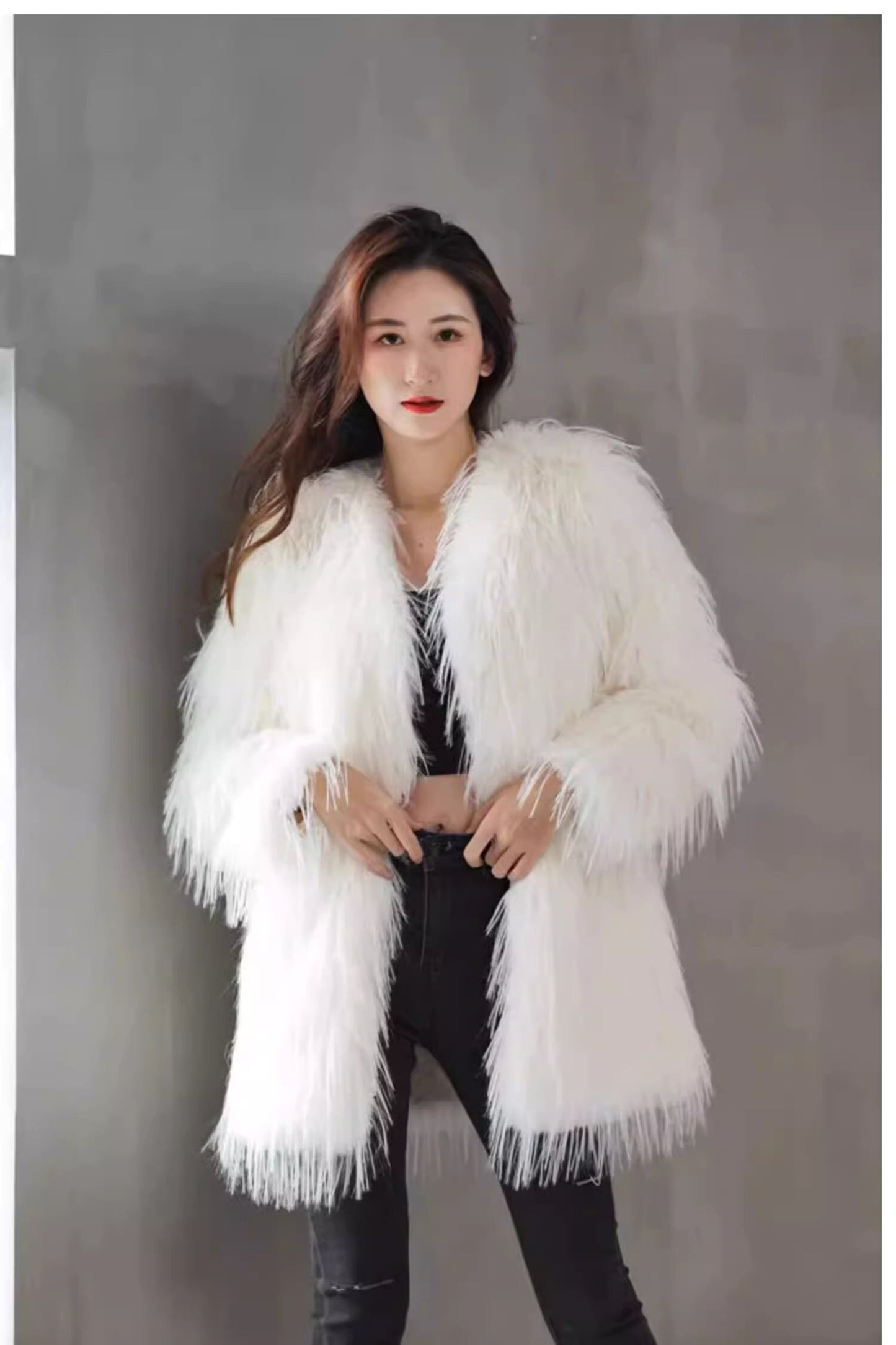 Fluffy furry faux fur jacket coat solid colored rave punk goth cozy plur top party clubwear unique designer winter jacket