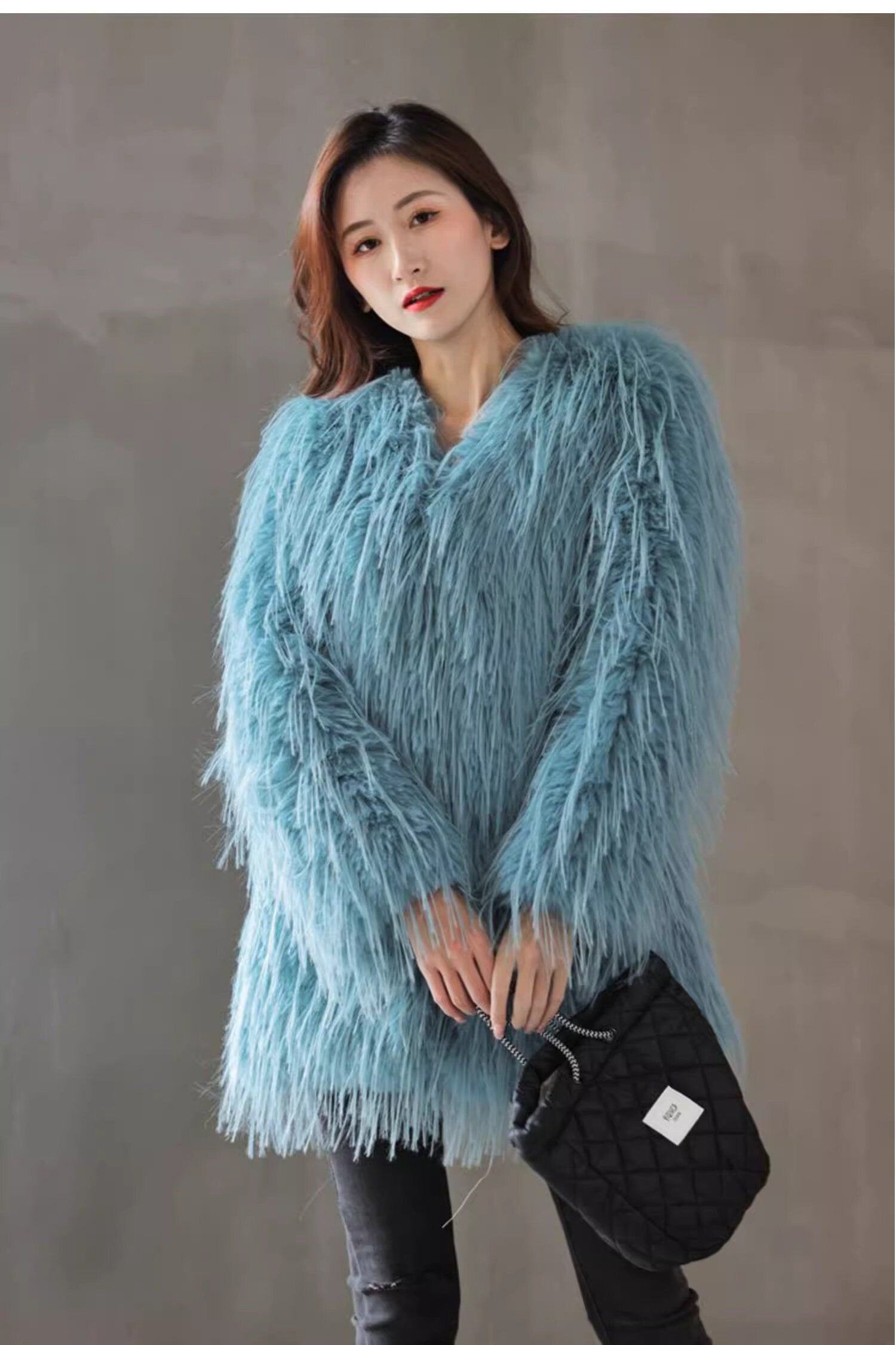 Fluffy furry faux fur jacket coat solid colored rave punk goth cozy plur top party clubwear unique designer winter jacket