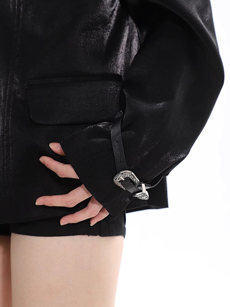 Cool jacket shiny surface metal pin decorated shoulder pad, autumn/ winter designer women street punk jacket loose fit white / black jacket