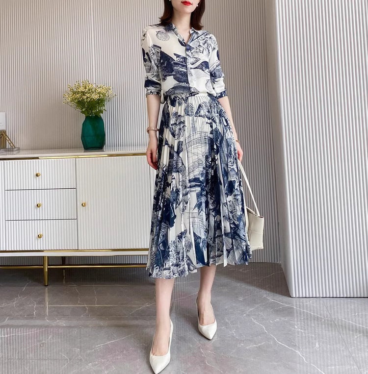 Designer classic art pattern dress long sleeves, women one-piece dress with graphics pattern, dress for formal or casual