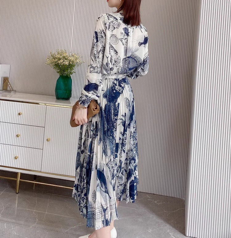 Designer classic art pattern dress long sleeves, women one-piece dress with graphics pattern, dress for formal or casual