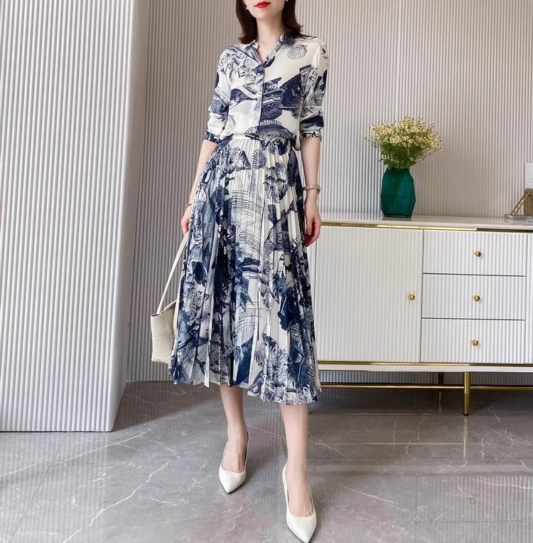 Designer classic art pattern dress long sleeves, women one-piece dress with graphics pattern, dress for formal or casual