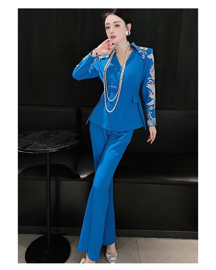 Oriental embroidery cranes slimcut pantsuit, designer woman embroidery sleeves blazer + pants, suit set Party Event/ Prom Wedding/ Office