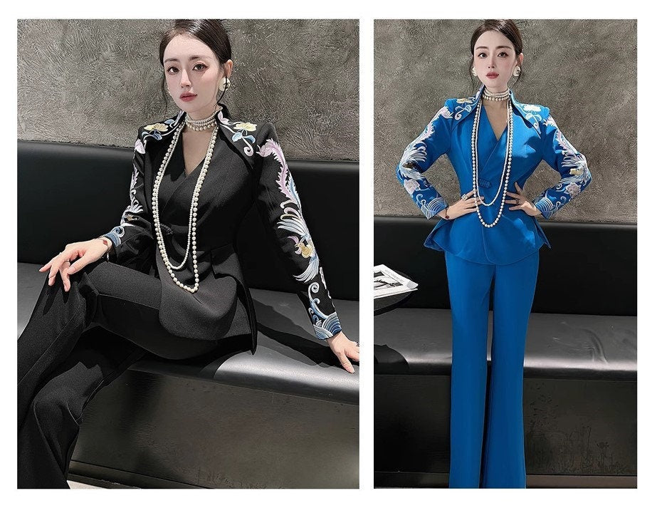 Oriental embroidery cranes slimcut pantsuit, designer woman embroidery sleeves blazer + pants, suit set Party Event/ Prom Wedding/ Office