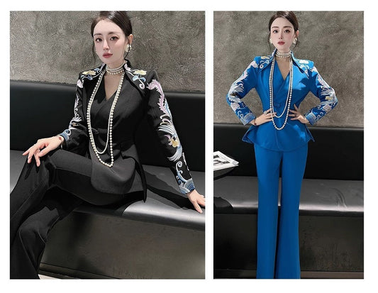 Oriental embroidery cranes slimcut pantsuit, designer woman embroidery sleeves blazer + pants, suit set Party Event/ Prom Wedding/ Office