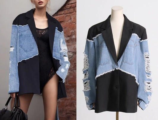 Patchwork denim jacket, designer woman asymmetric stylish blazer street style suit jacket smart casual for party event outdoors office wear