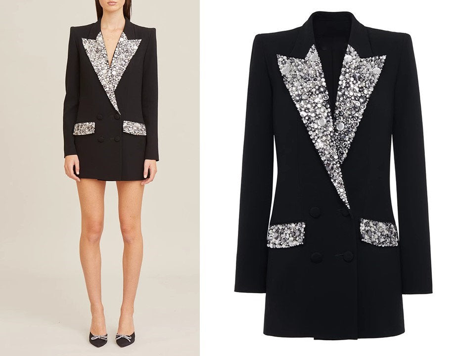 Beaded Embellished black blazer, designer woman suit dress luxury collared long suit jacket for party wedding event formal wear