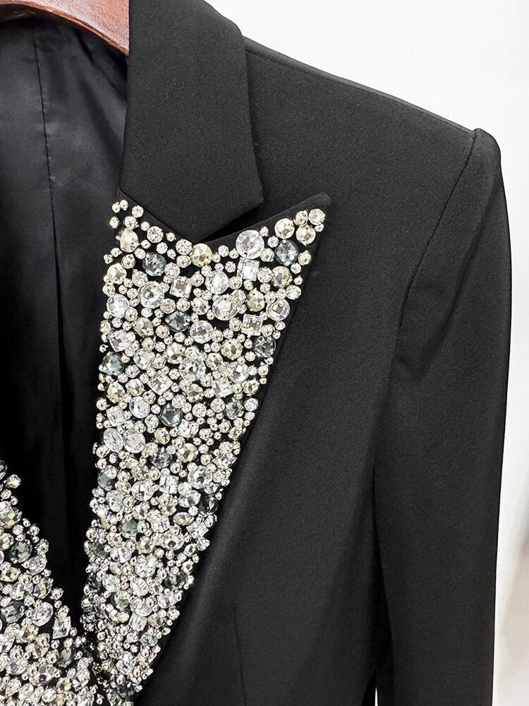 Beaded Embellished black blazer, designer woman suit dress luxury collared long suit jacket for party wedding event formal wear