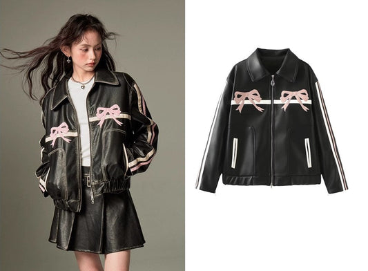 Leather jacket with pink ribbon print, designer women street jacket smart casual for party event outdoors office work wear birthday gift