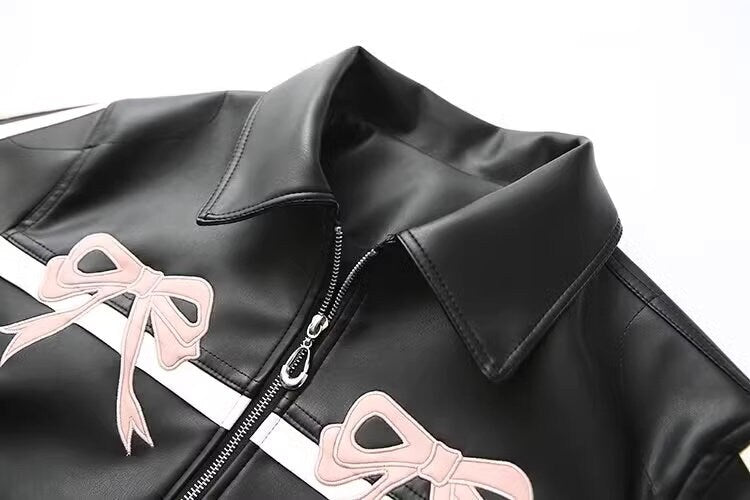 Leather jacket with pink ribbon print, designer women street jacket smart casual for party event outdoors office work wear birthday gift