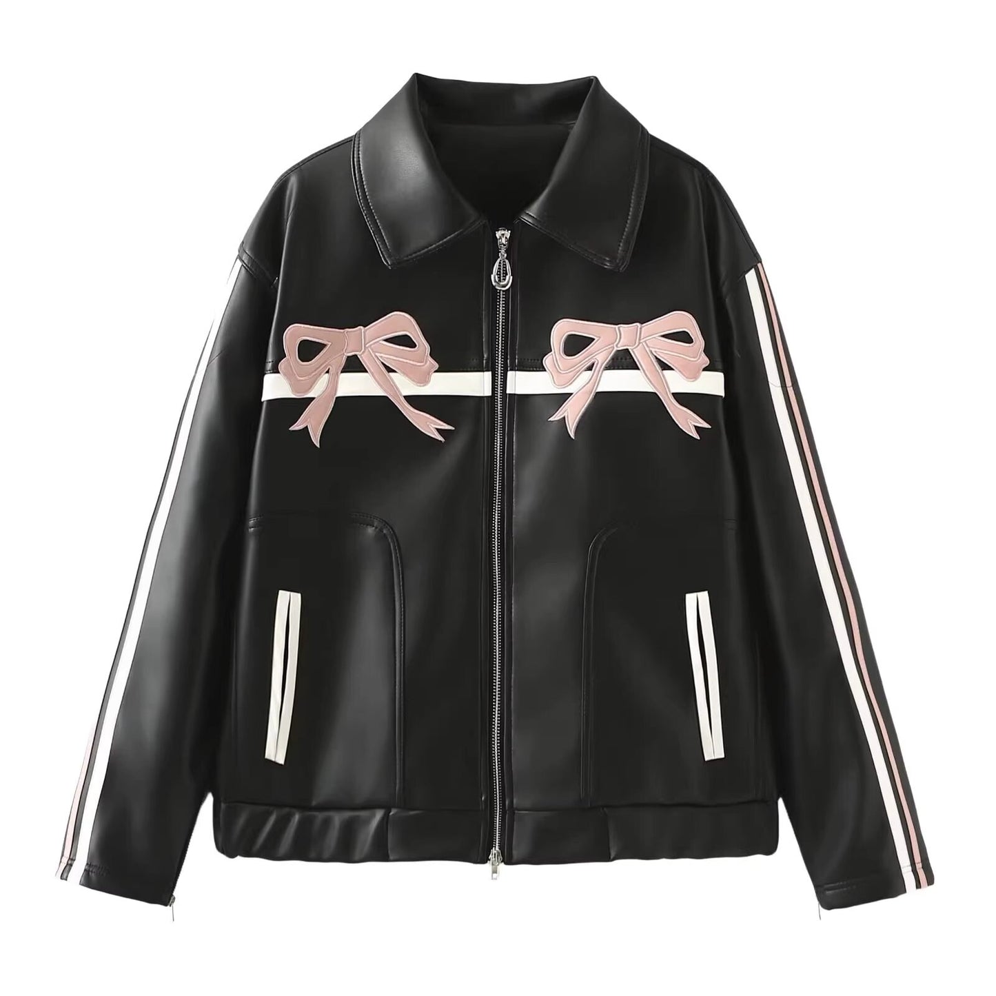 Leather jacket with pink ribbon print, designer women street jacket smart casual for party event outdoors office work wear birthday gift