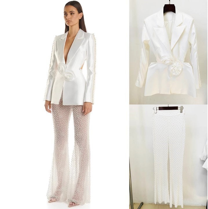 Glossy beaded sleeves suit jacket + see through pants, designer woman sexy pantsuit floral decorated for party wedding formal suit set