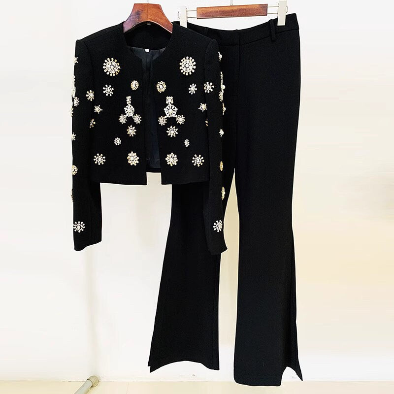 Beaded Embellished Women's Pant Suit, designer women short blazer + open cut pants beads slim cut suit set formal party office wedding