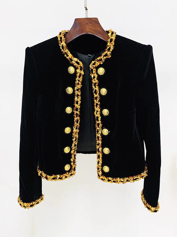 Beaded chain velvet jacket, designer woman luxury blazer formal golden suit jacket for ball party wedding event gift