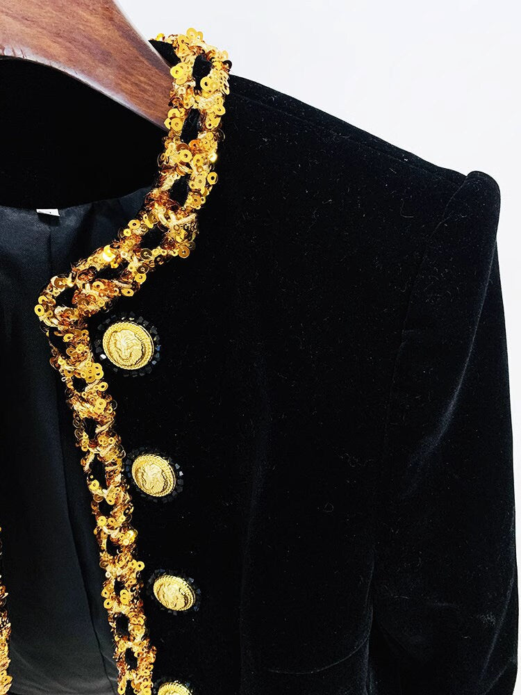 Beaded chain velvet jacket, designer woman luxury blazer formal golden suit jacket for ball party wedding event gift