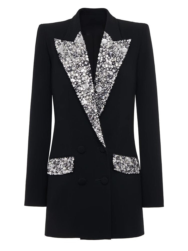 Beaded Embellished black blazer, designer woman suit dress luxury collared long suit jacket for party wedding event formal wear