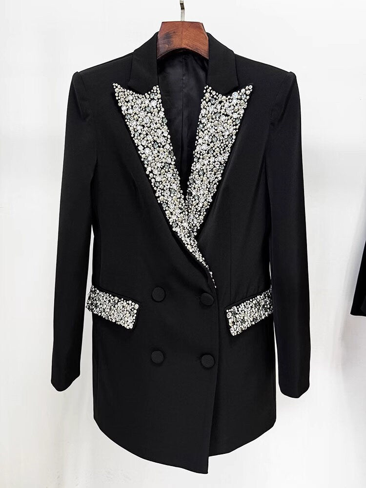 Beaded Embellished black blazer, designer woman suit dress luxury collared long suit jacket for party wedding event formal wear